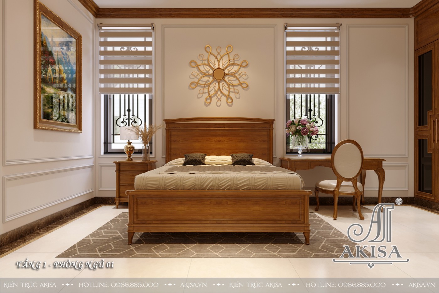 Mẫu nội thất tân cổ điển gỗ tự nhiên biệt thự 3 tầng - Phòng ngủ