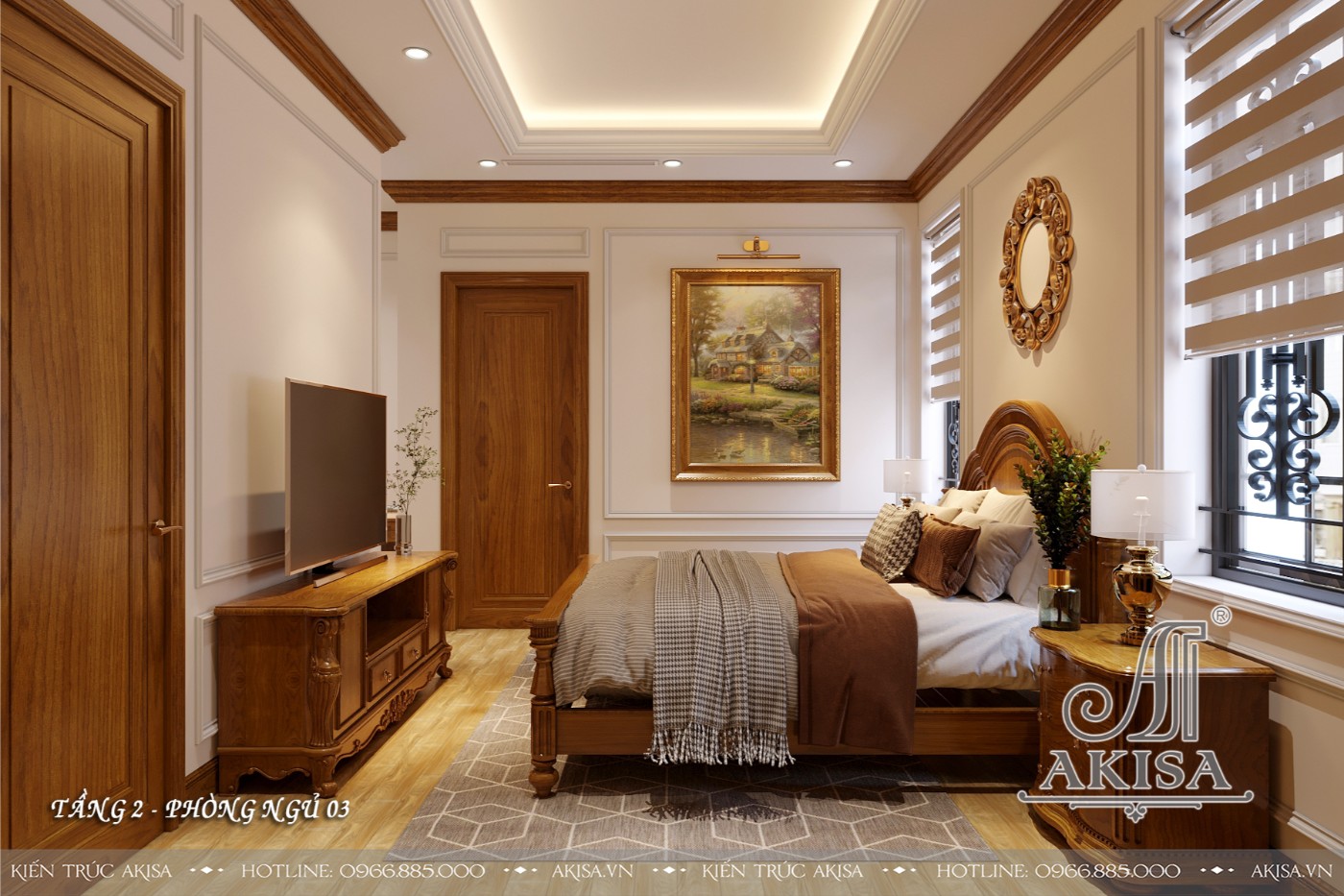 Mẫu nội thất tân cổ điển gỗ tự nhiên biệt thự 3 tầng - Phòng ngủ