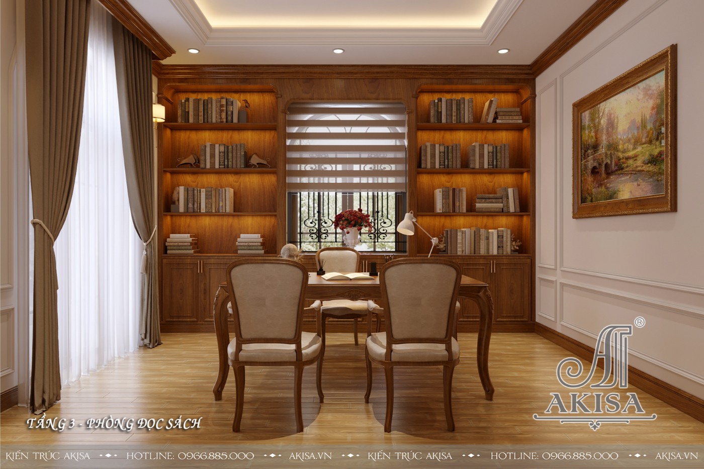 Mẫu nội thất tân cổ điển gỗ tự nhiên biệt thự 3 tầng - Phòng đọc sách