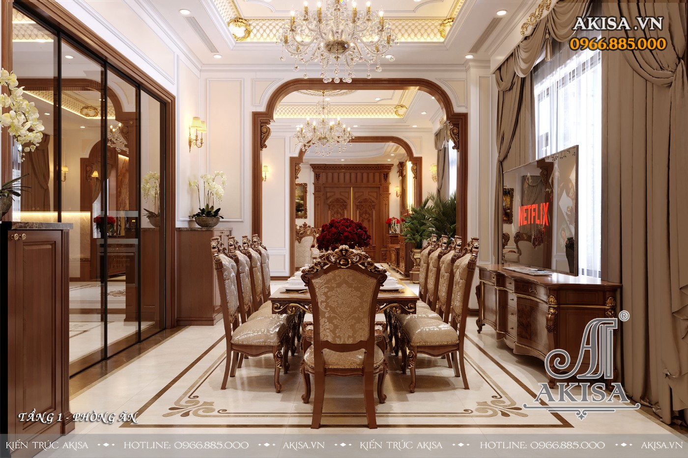 Nội thất gỗ gõ đỏ phong cách tân cổ điển - Phòng bếp ăn
