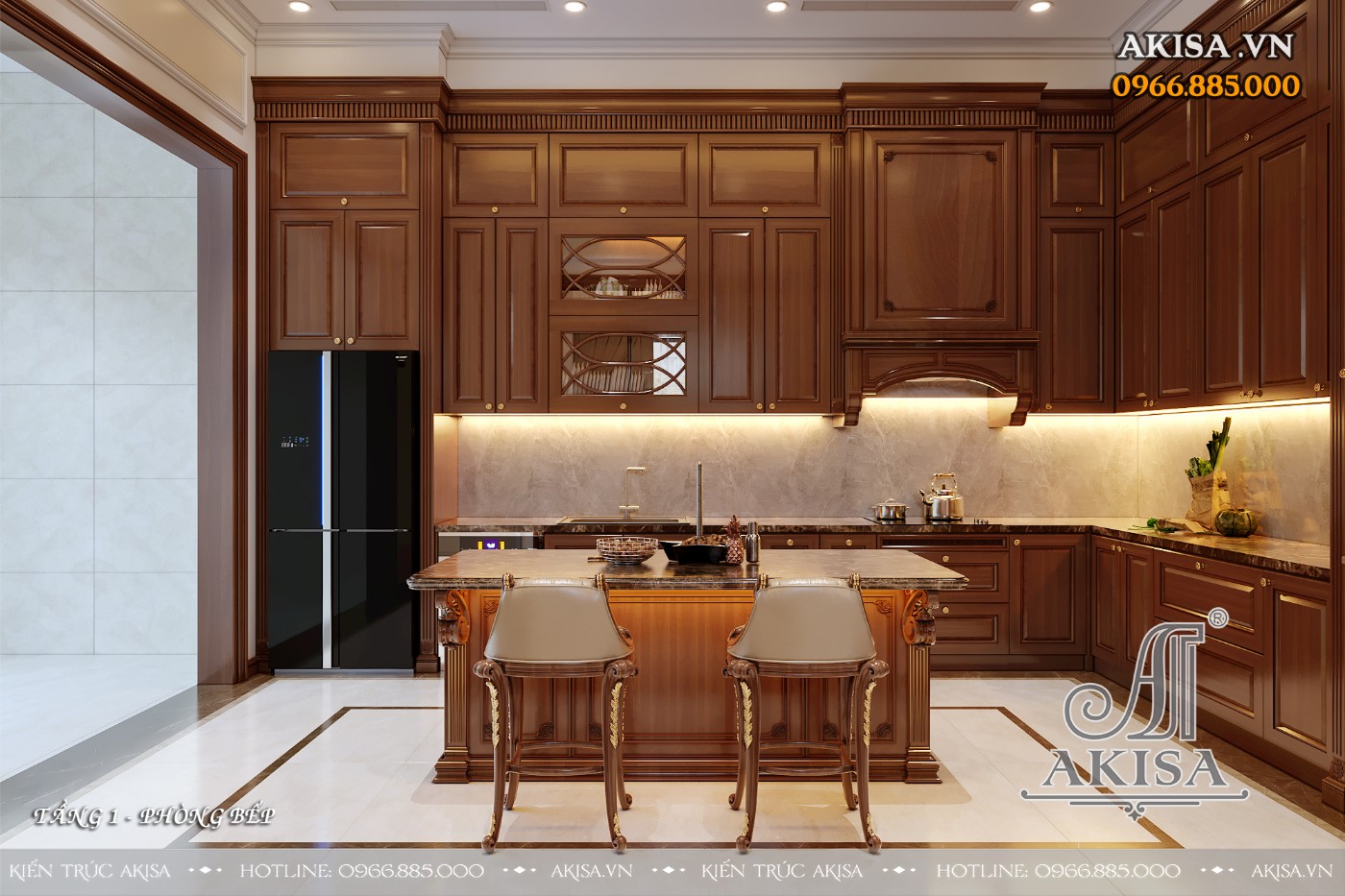 Nội thất gỗ gõ đỏ phong cách tân cổ điển - Phòng bếp ăn