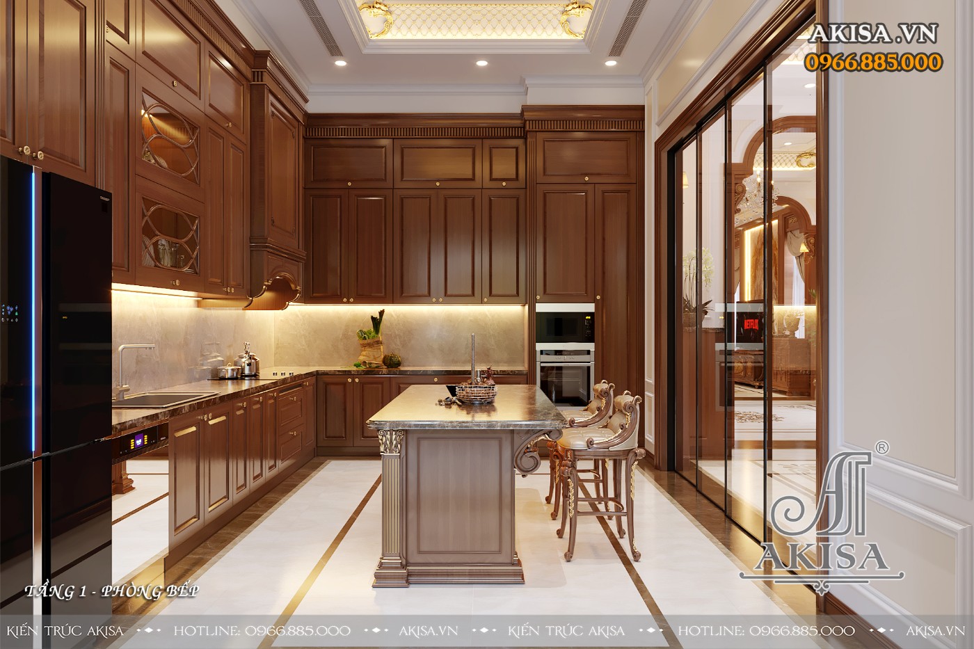Nội thất gỗ gõ đỏ phong cách tân cổ điển - Phòng bếp ăn