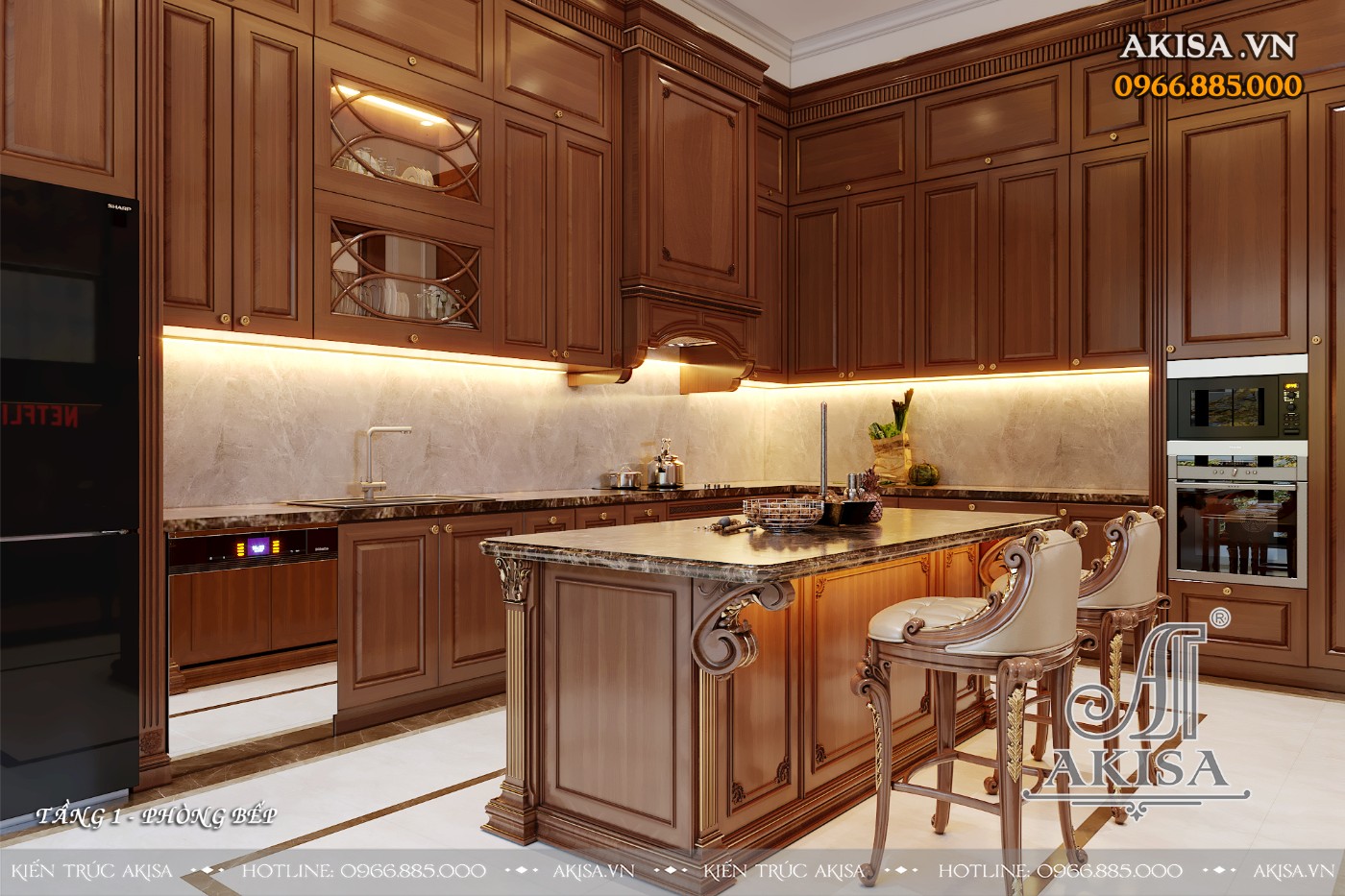 Nội thất gỗ gõ đỏ phong cách tân cổ điển - Phòng bếp ăn