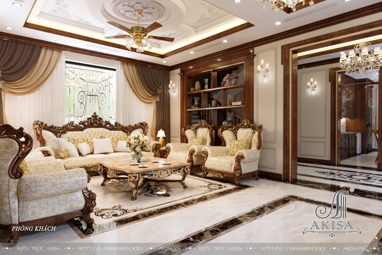 Phòng khách thiết kế theo phong cách tân cổ điển với tông màu nâu- vàng sang trọng