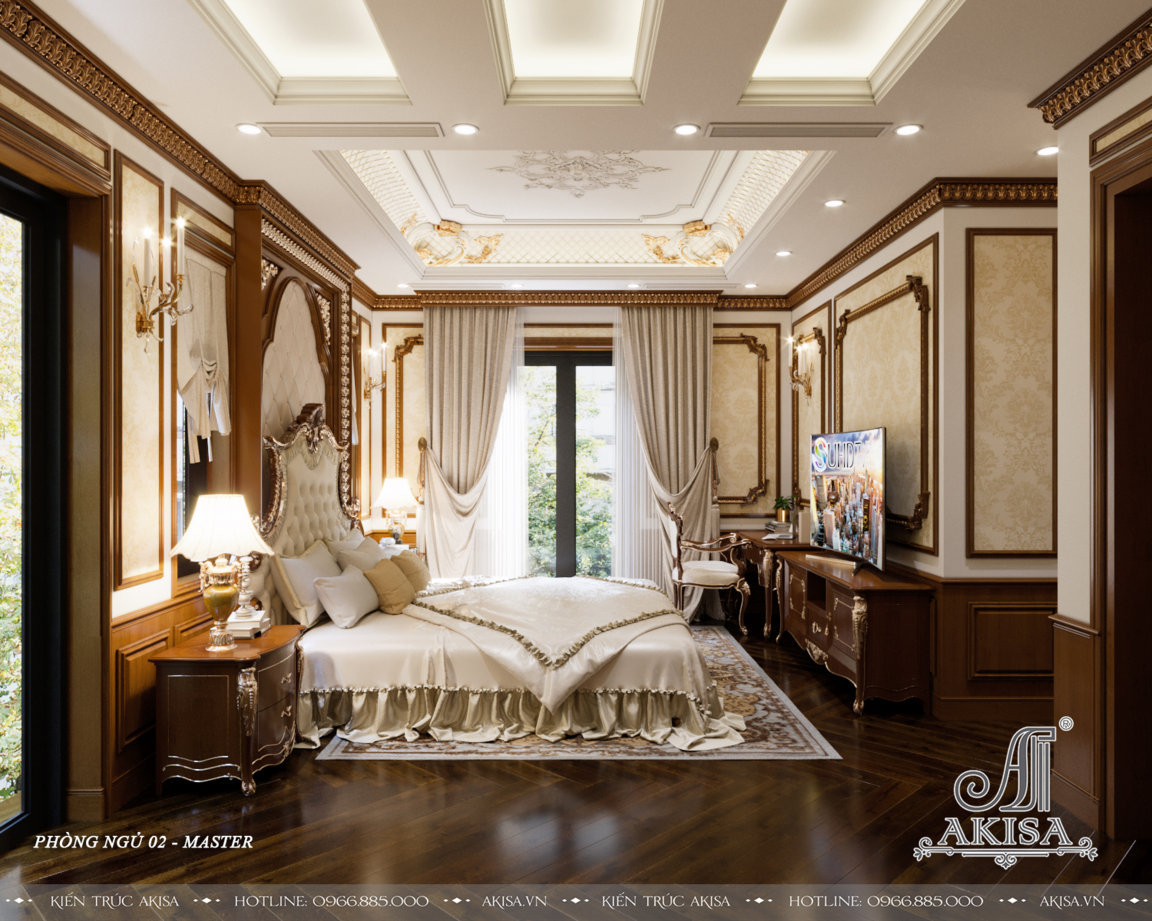 Phòng ngủ Master rộng rãi sử dụng tông màu be nhã nhặn kết hợp gam màu nâu trầm của gỗ tạo không gian ấm cúng, thư giãn
