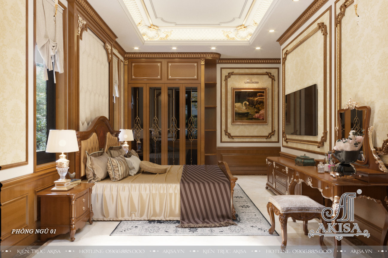Phòng ngủ Master rộng rãi với gam màu vàng nhạt, trắng, gỗ nâu trầm tạo cảm giác sang trọng, ấm cúng