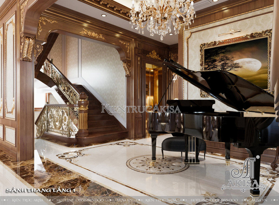 Thiết kế tinh xảo của các diện tường, đá hoa cương bóng bẩy, đèn chùm pha lê lộng lẫy và đàn piano sang trọng tại sảnh tầng 1 thể hiện sự đẳng cấp của gia chủ.