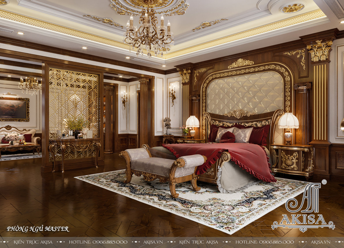 Phòng ngủ master phong cách tân cổ điển sang trọng, quý phái với diện tích rộng rãi, đầy đủ tiện nghi