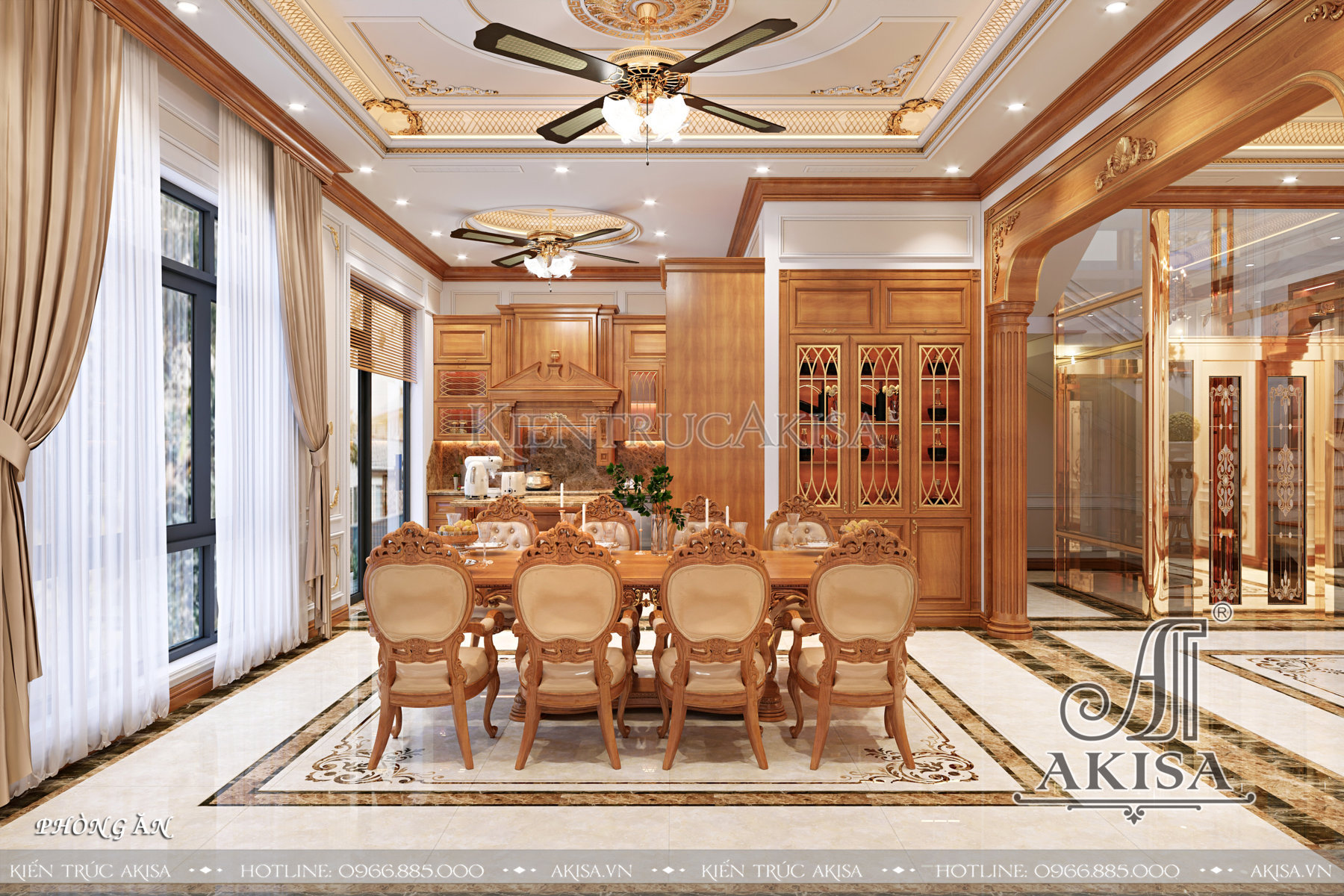 Thiết kế nội thất gỗ gõ đỏ biệt thự tân cổ điển - Phòng bếp ăn
