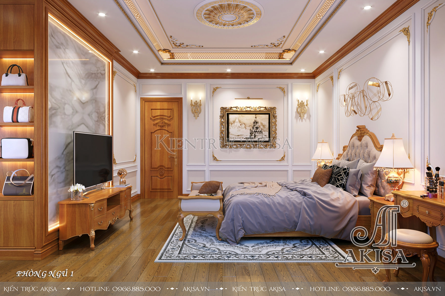 Thiết kế nội thất gỗ gõ đỏ biệt thự tân cổ điển - Phòng ngủ