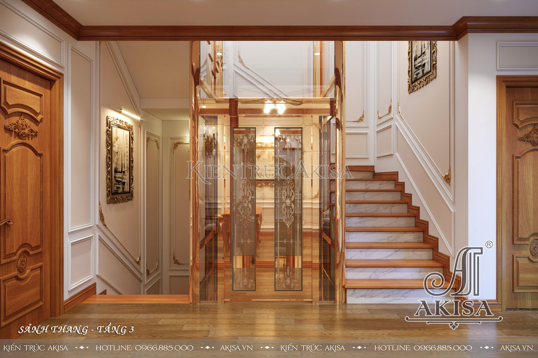 Thiết kế nội thất gỗ gõ đỏ biệt thự tân cổ điển - Sảnh thang