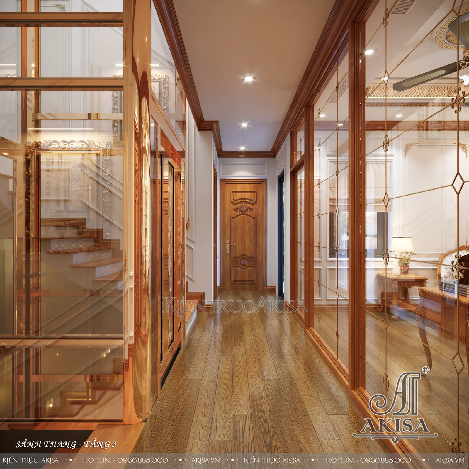 Thiết kế nội thất gỗ gõ đỏ biệt thự tân cổ điển - Sảnh thang