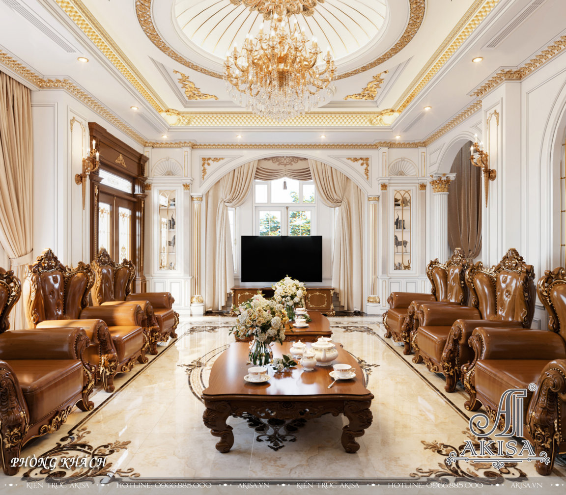 Phòng khách thiết kế nội thất phong cách tân cổ điển sang trọng, lộng lẫy đậm chất hoàng gia