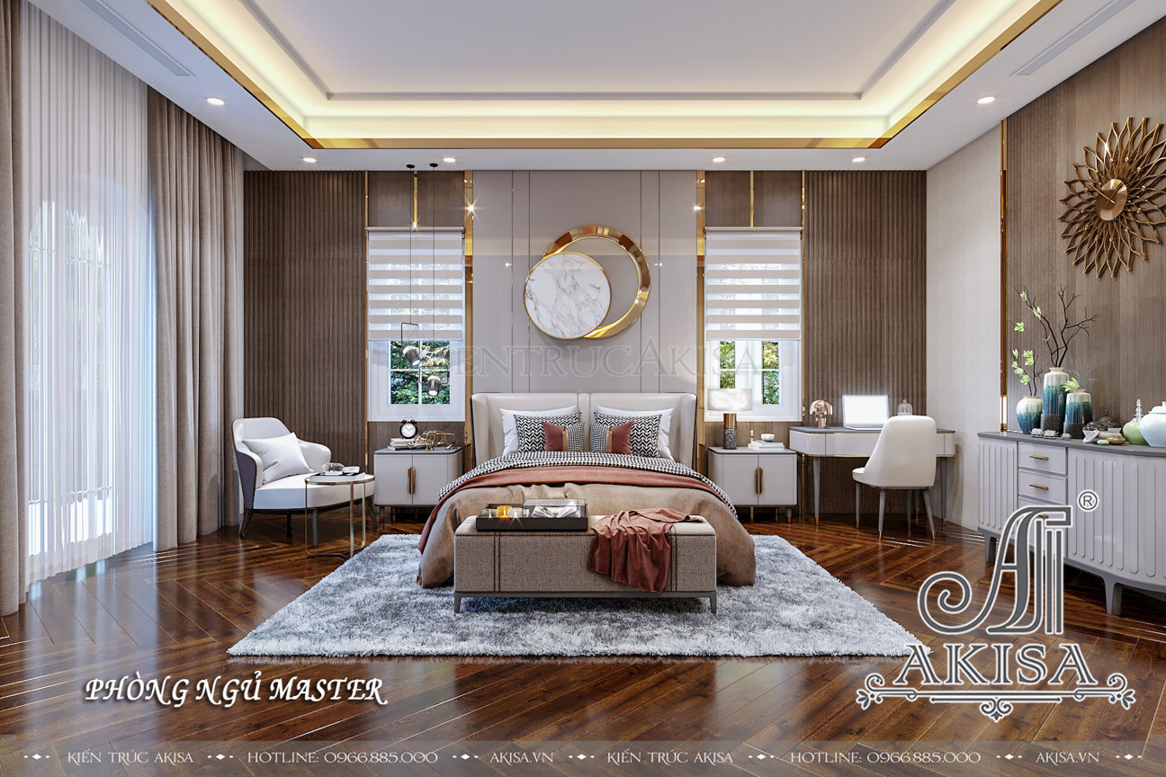 Phòng ngủ master kết hợp giữa vẻ cổ điển truyền thống sang trọng với nét phòng khoáng hiện đại vô cùng hài hòa, tinh tế