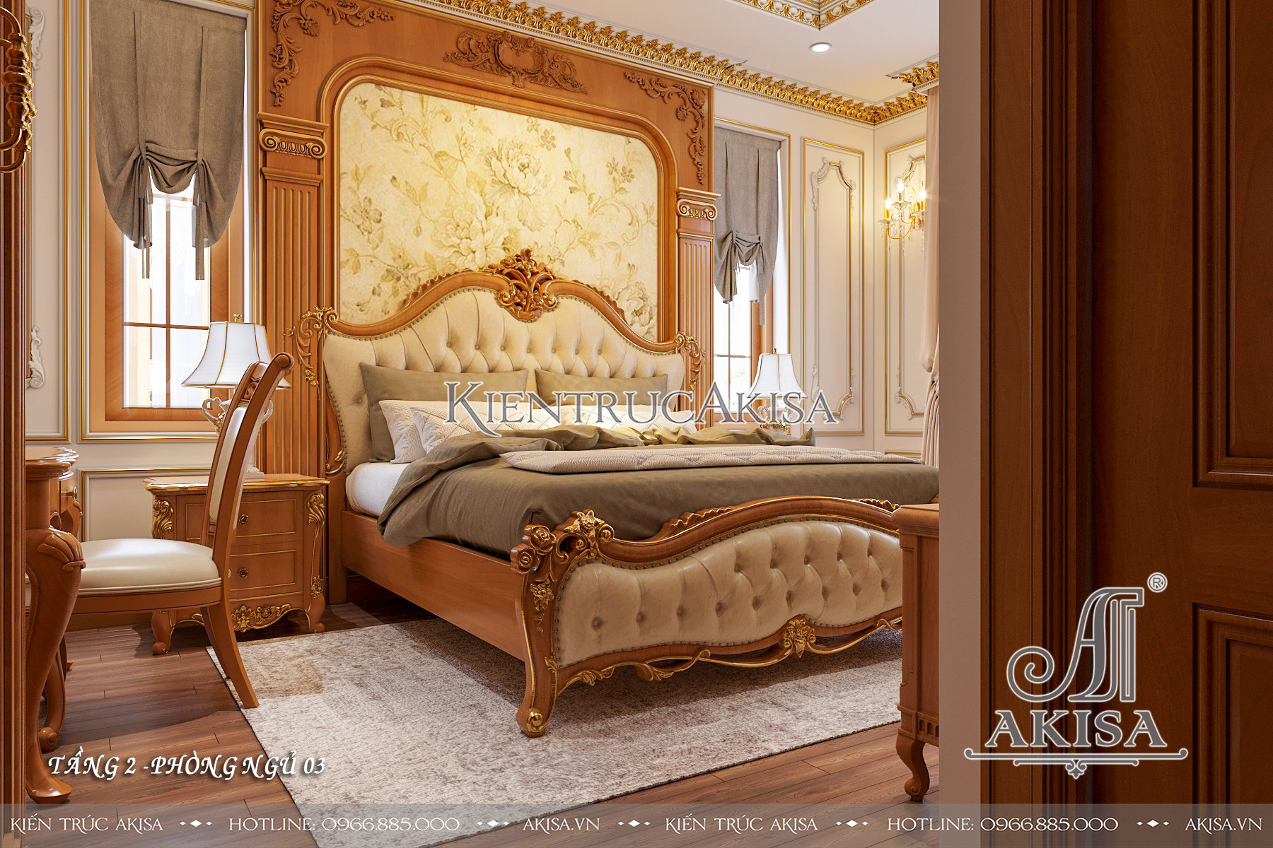 Mẫu nội thất biệt thự tân cổ điển gỗ gõ tự nhiên - Phòng ngủ