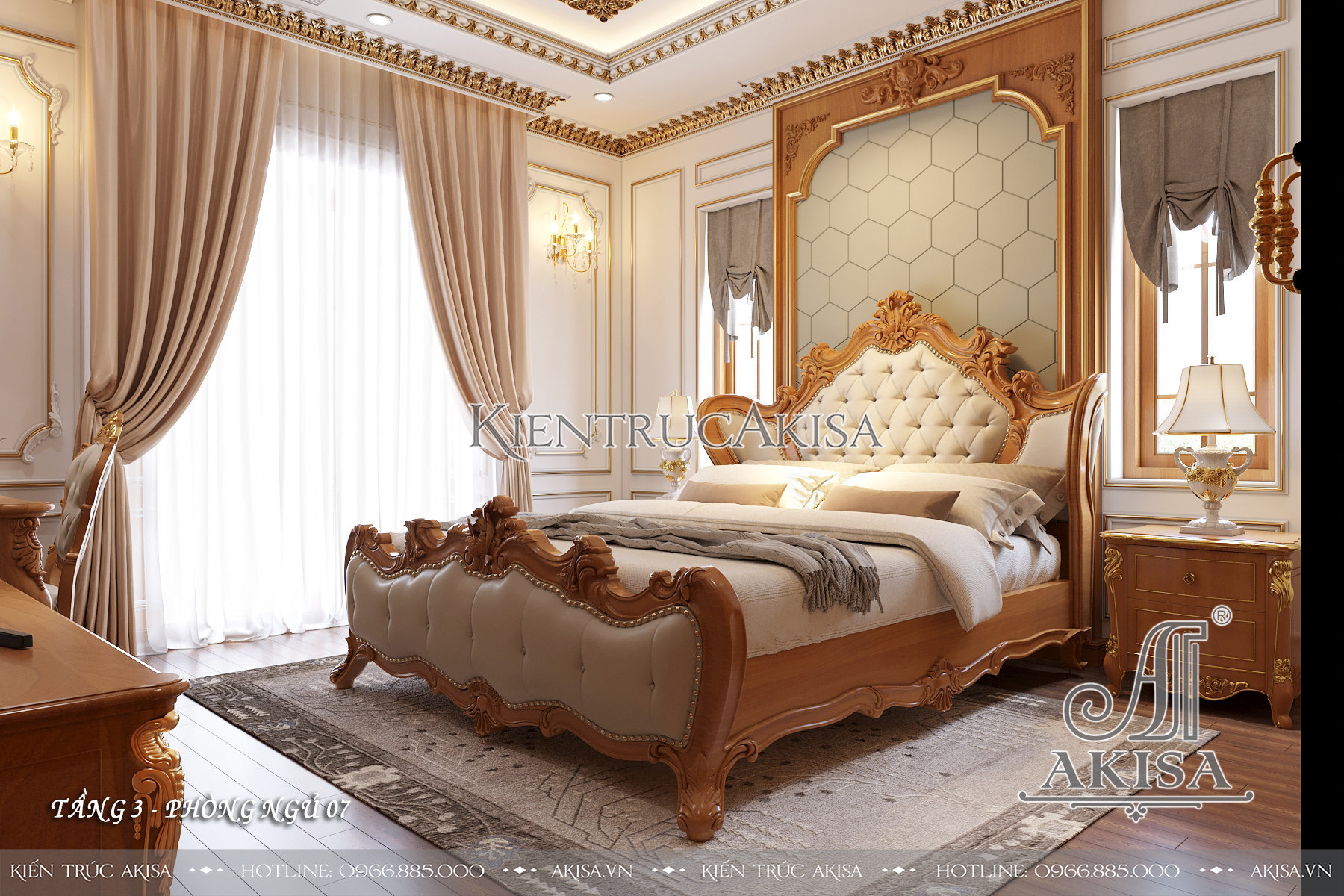Mẫu nội thất biệt thự tân cổ điển gỗ gõ tự nhiên - Phòng ngủ