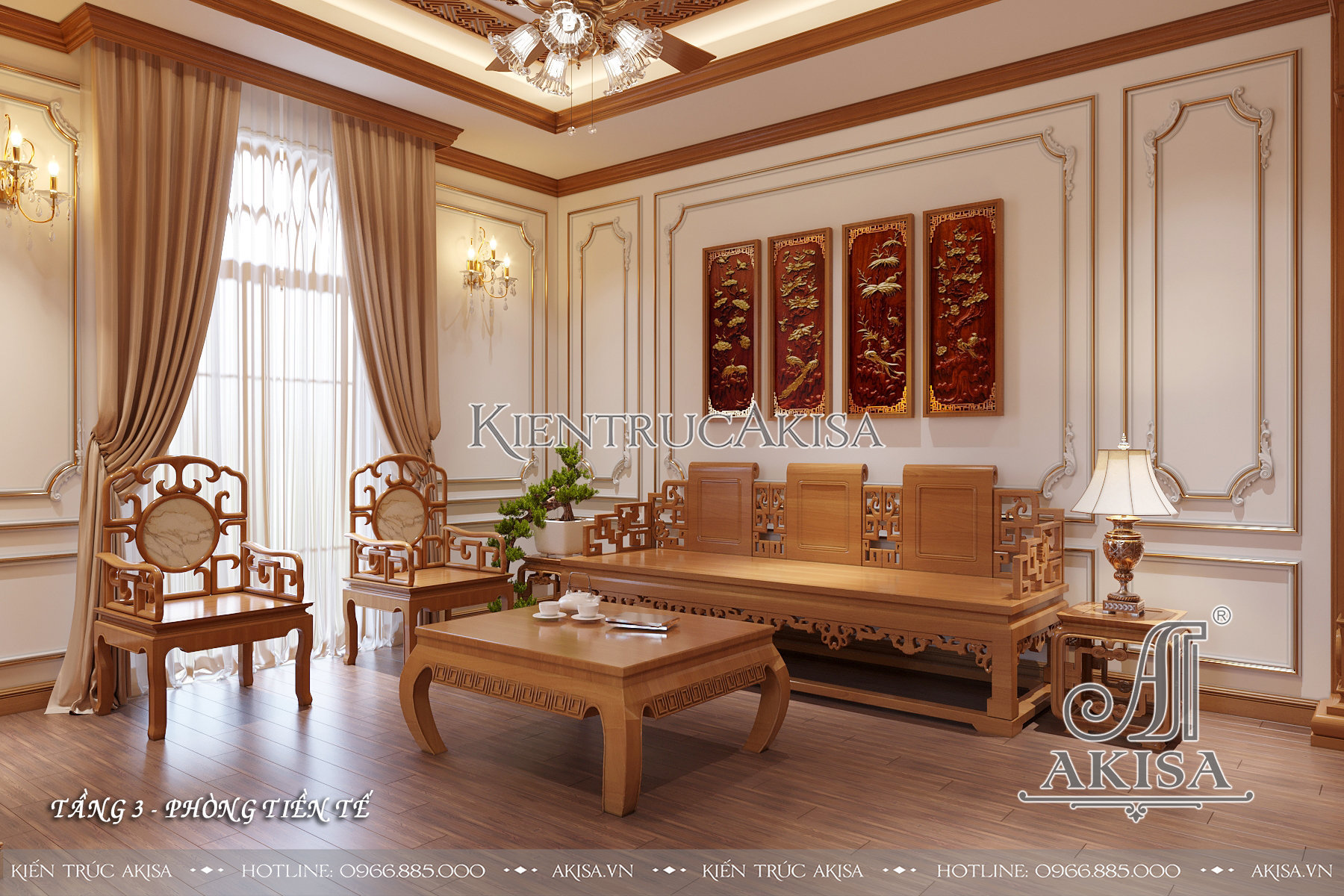 Mẫu nội thất biệt thự tân cổ điển gỗ gõ tự nhiên - Phòng tiền tế